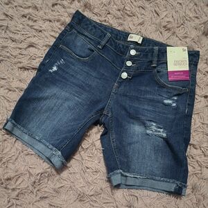 SO Women's Dark Wash Distressed Bermuda Shorts